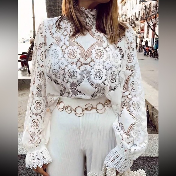 Boho Sheer Mesh Mock Neck Long Sleeve Top Blouse Shirt - Picture 3 of 4